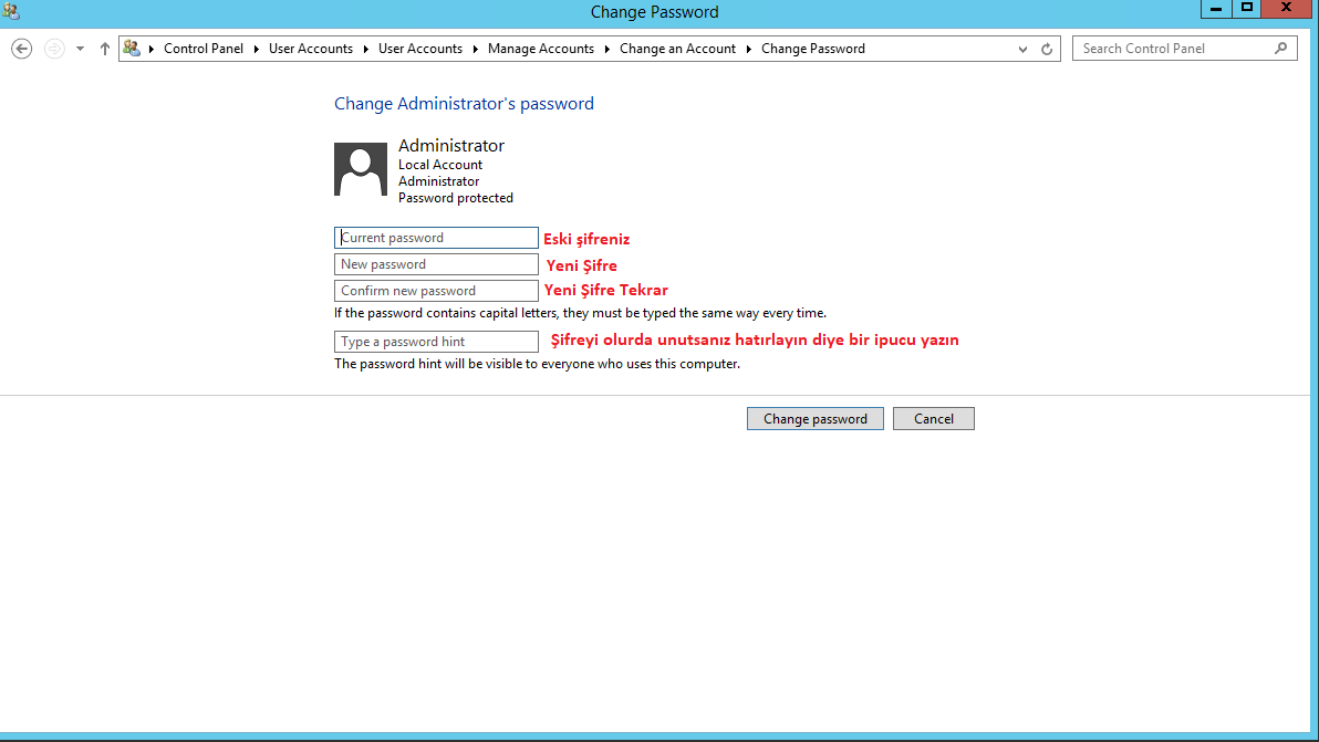 Windows Server 2012 Åžifre Değiştirme işlemi